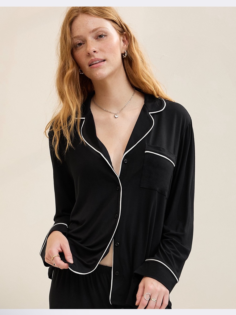 Aerie - Real Soft® Pajama Shirt black with white piping red with white stripes